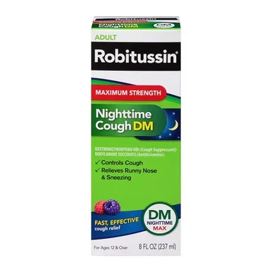 Robitussin Maximum Strength Nighttime Cough Dm, Cough Medicine For Adults, Berry Flavor 8 Fl Oz