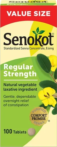 Senokot Regular Strength Tablets Natural Vegetable Laxative Ingredient 100 Ct