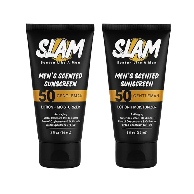 SLAM GentleMan Men’s Sunscreen Lotion SPF 50 & Moisturizer – Face & Body Sunblock, Anti-Aging, Water-Resistant, Hawaii Act 104 Safe, Skincare for Men, Cologne Scented – 3 fl oz. each. Double pack.