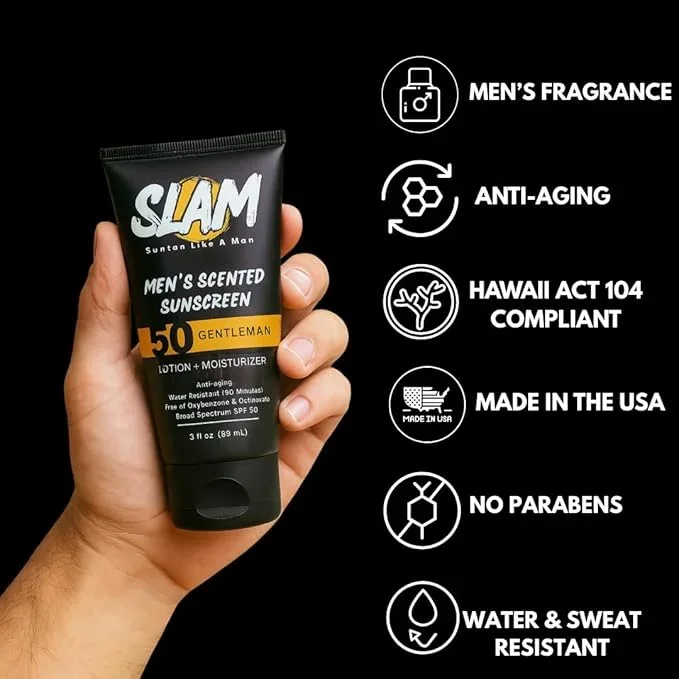 SLAM Men’s Sunscreen Lotion SPF 50 & Moisturizer – Face & Body Sunblock, Anti-Aging, Water-Resistant, Hawaii Act 104 Safe, Skincare for Men, Scented & Unscented – 3 fl oz. each- Trio pack.