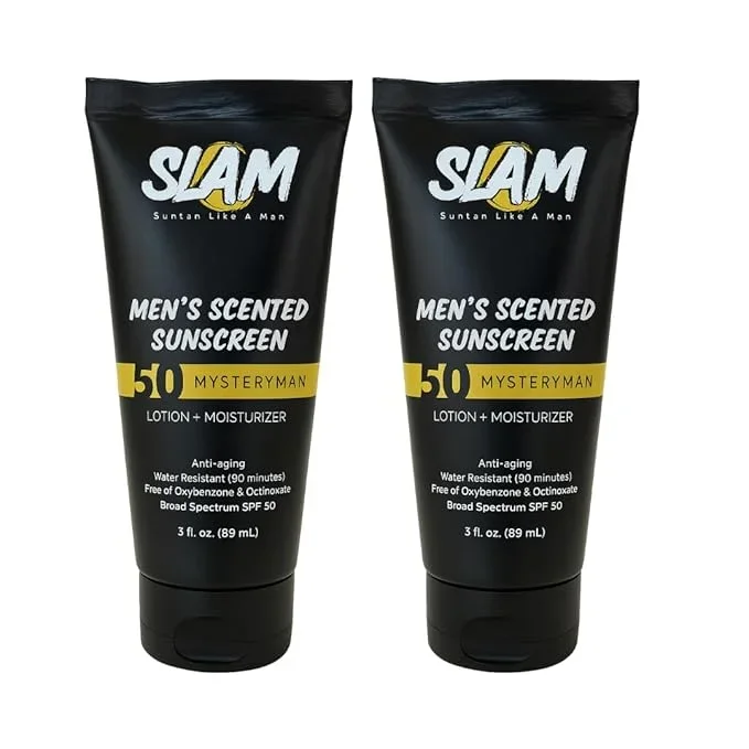 SLAM MysteryMan Men’s Sunscreen Lotion SPF 50 & Moisturizer – Face & Body Sun block, Anti-Aging, Water-Resistant, Hawaii Act 104 Safe, Skincare for Men, Scented – 3 fl oz. Double pack.