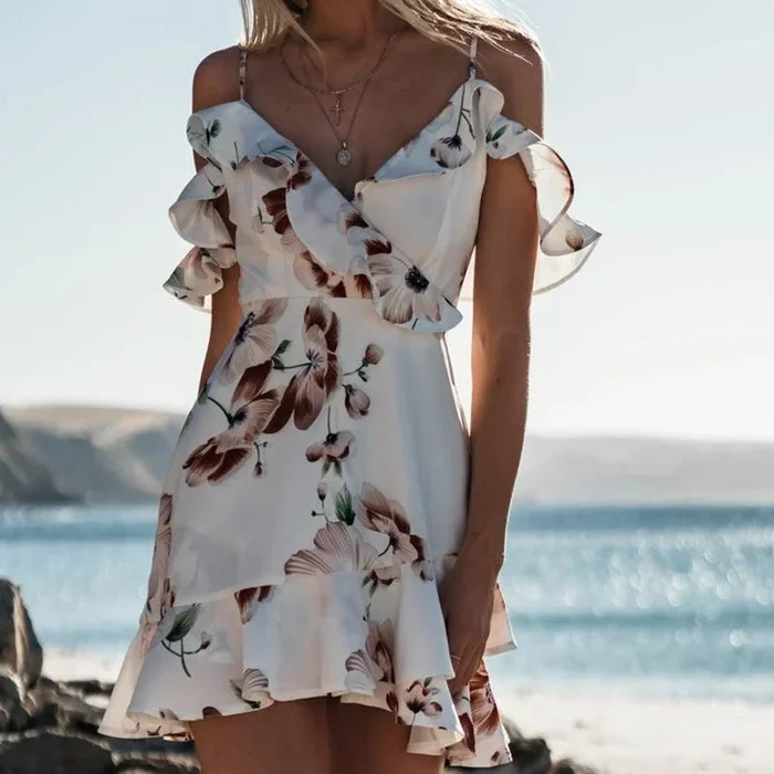 V-Neck Sling Print Hem Ruffled Dress