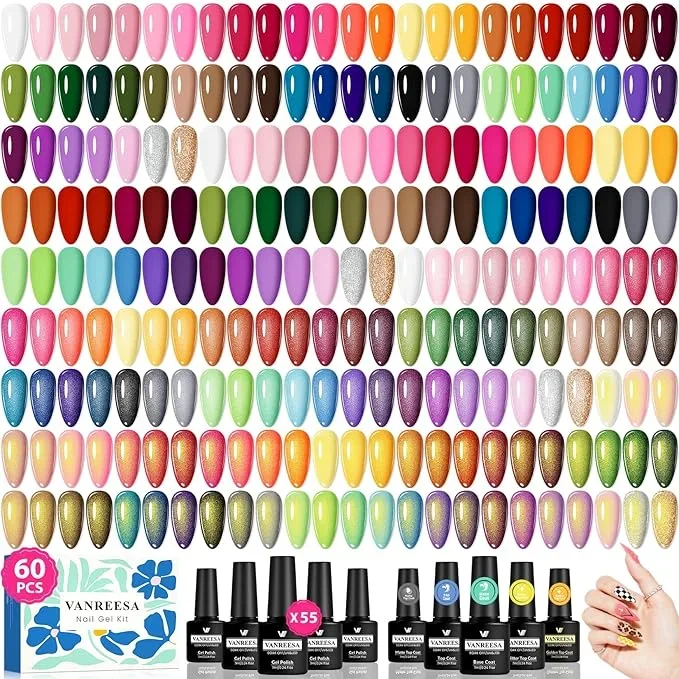 VANREESA 60 Pcs Gel Nail Polish Set, 55 Colors Gel Polish with Base Coat & 4 Effects Top Coat Full-Color Gel Polish Set All Seasons Nail Kit Gifts for Women Girls Nail Salon at Home