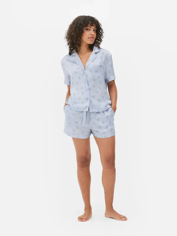 Women’s Blue Satin Printed Boyfriend Short Pyjama Set Penneys