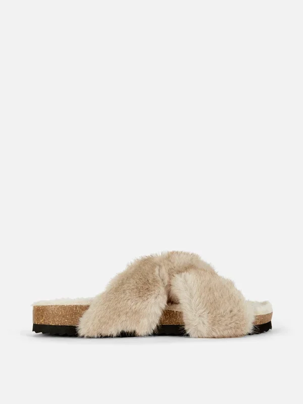 Women’s Taupe Fluffy Cross Strap Slippers Penneys